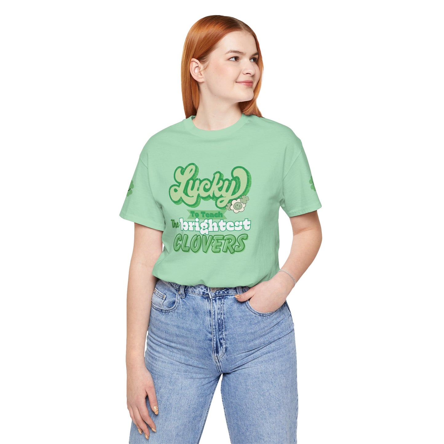 St. Patrick's Day Shirt, Clover Sleeve Unisex Tee, Lucky Teacher Gift, Green Clover Top, Cute Tee, Short Sleeve, Teacher Appreciation Gift