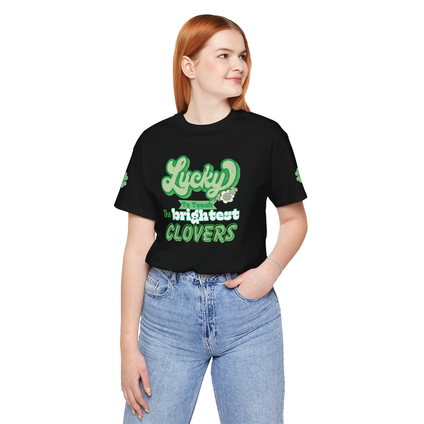 St. Patrick's Day Shirt, Clover Sleeve Unisex Tee, Lucky Teacher Gift, Green Clover Top, Cute Tee, Short Sleeve, Teacher Appreciation Gift