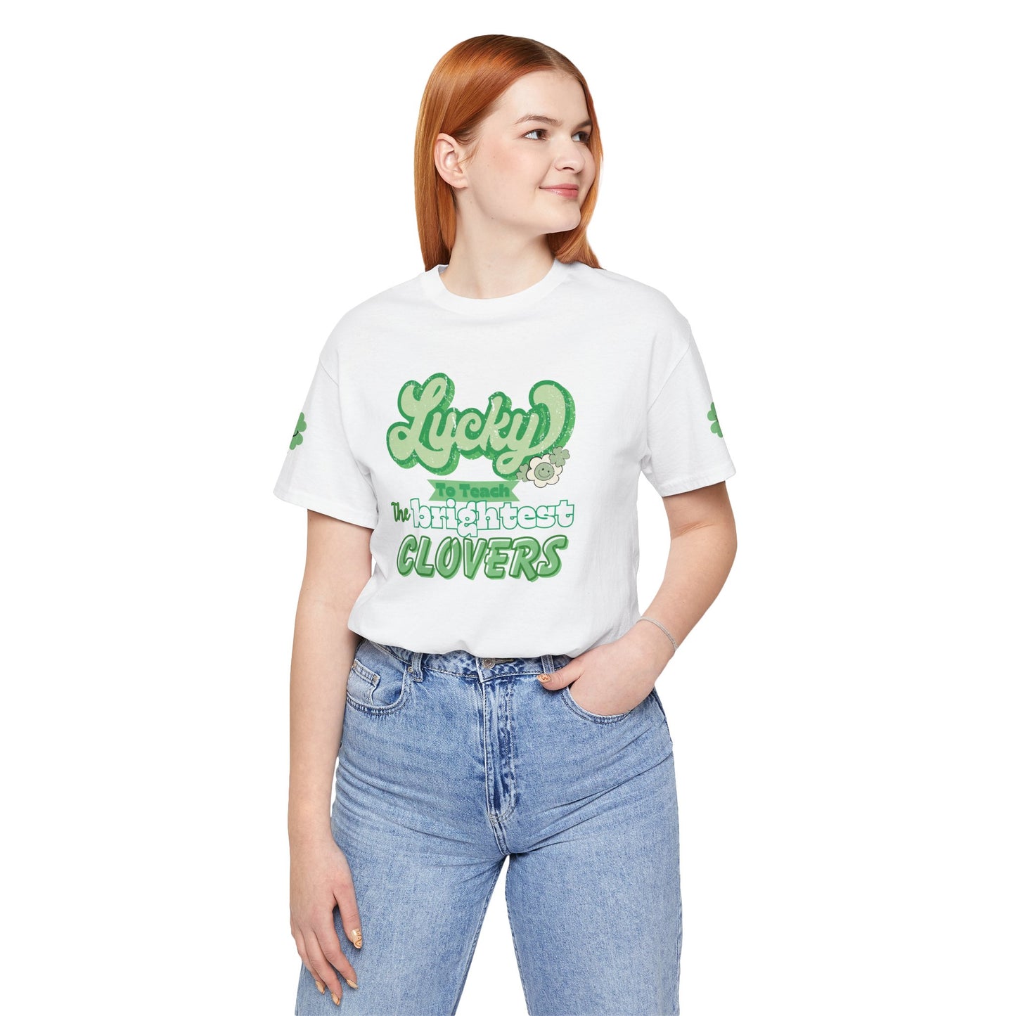 St. Patrick's Day Shirt, Clover Sleeve Unisex Tee, Lucky Teacher Gift, Green Clover Top, Cute Tee, Short Sleeve, Teacher Appreciation Gift