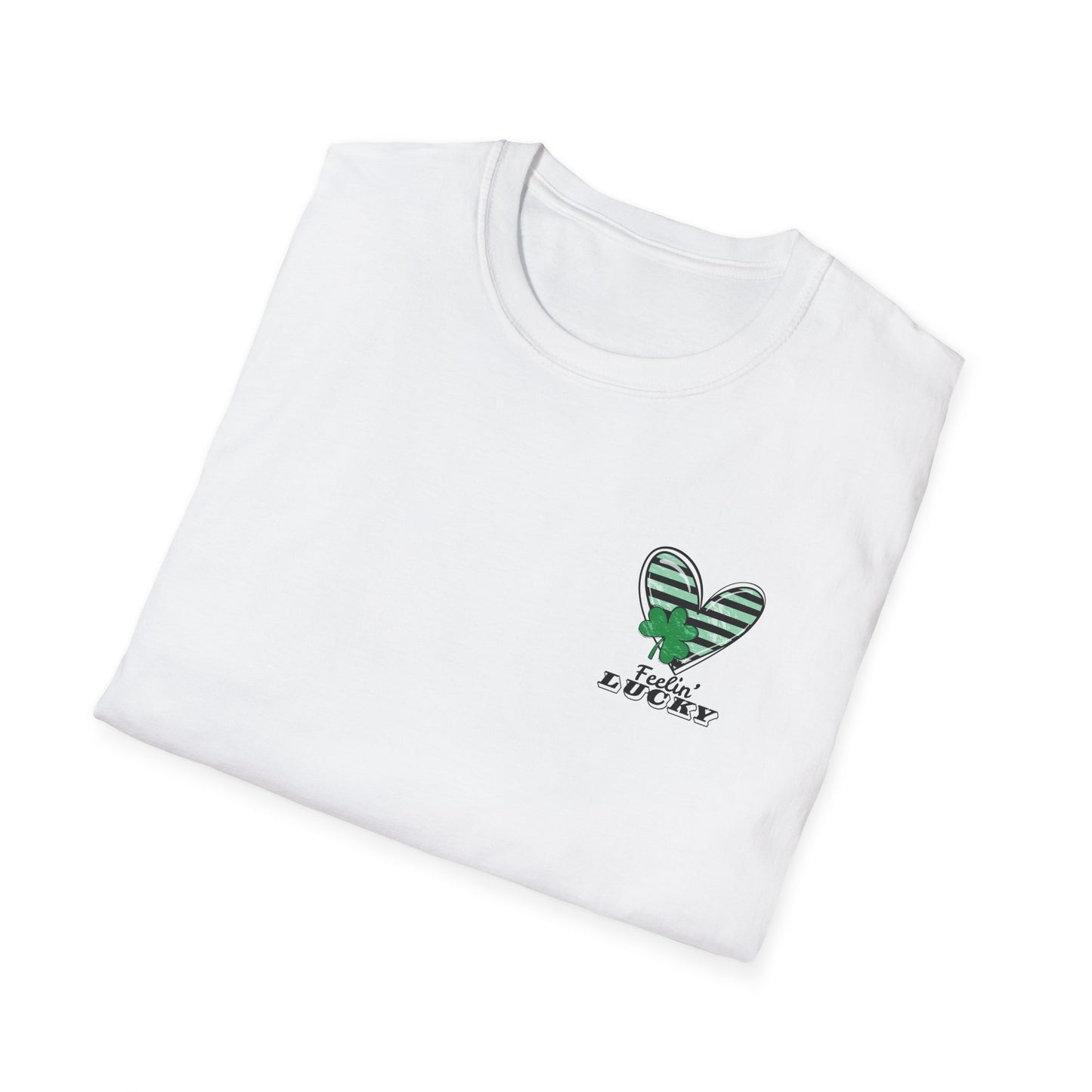 Feeling Lucky Unisex Softstyle T-Shirt, St. Patrick's Day Tee, Green Heart Shirt, Lucky Charm Clothing, Casual Tee for Everyone