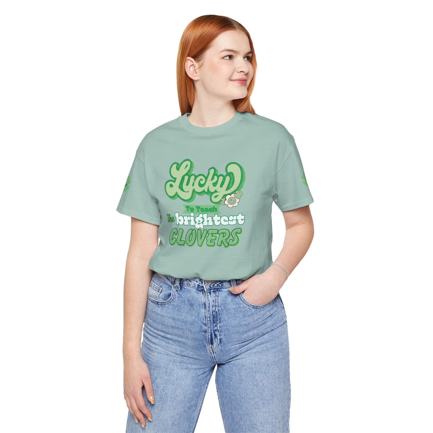 St. Patrick's Day Shirt, Clover Sleeve Unisex Tee, Lucky Teacher Gift, Green Clover Top, Cute Tee, Short Sleeve, Teacher Appreciation Gift