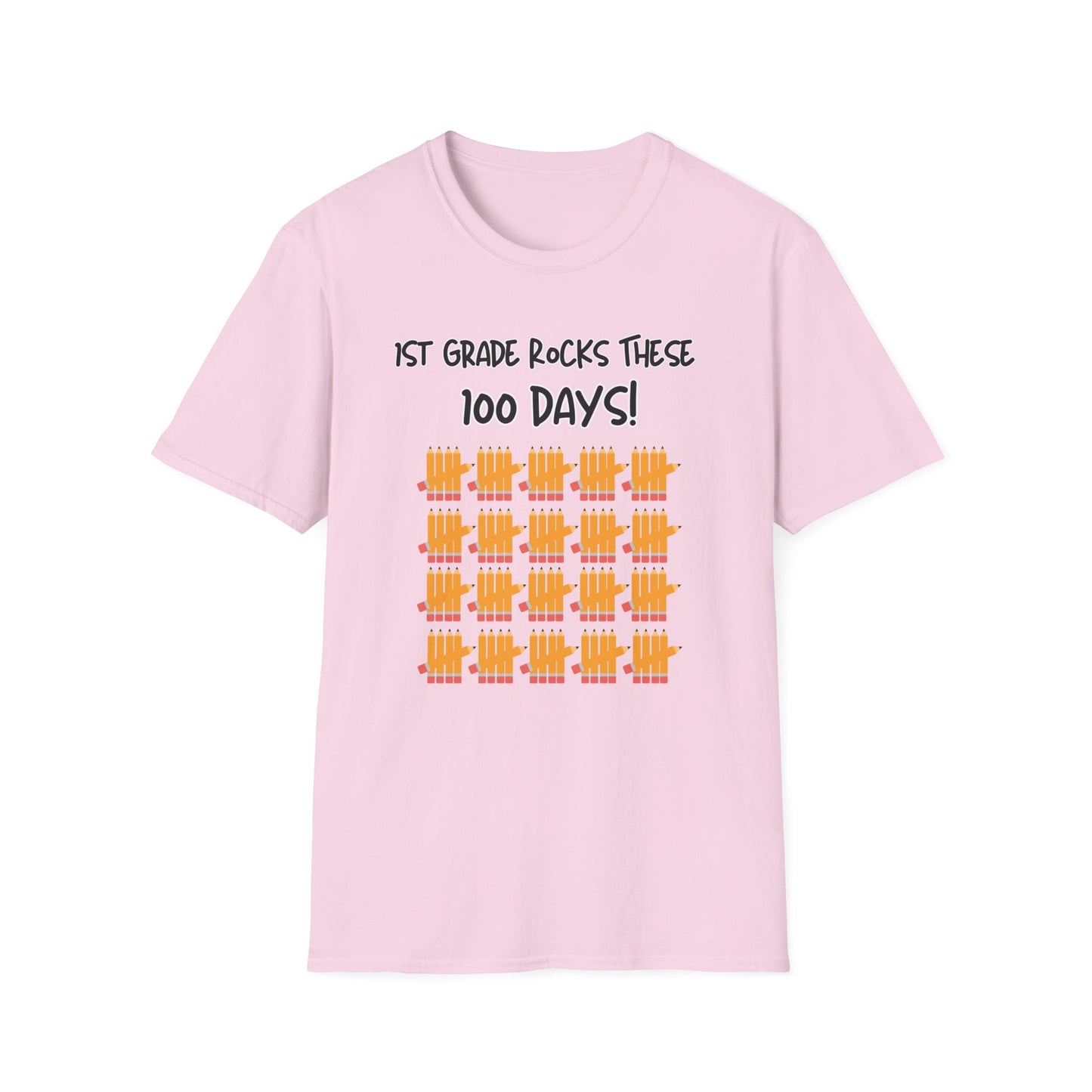 1st Grade Rocks 100 Days Unisex Softstyle T-Shirt, Personalizable, Pencil Tally Marks, School Shirt for Kids, Teacher Gift, Classroom