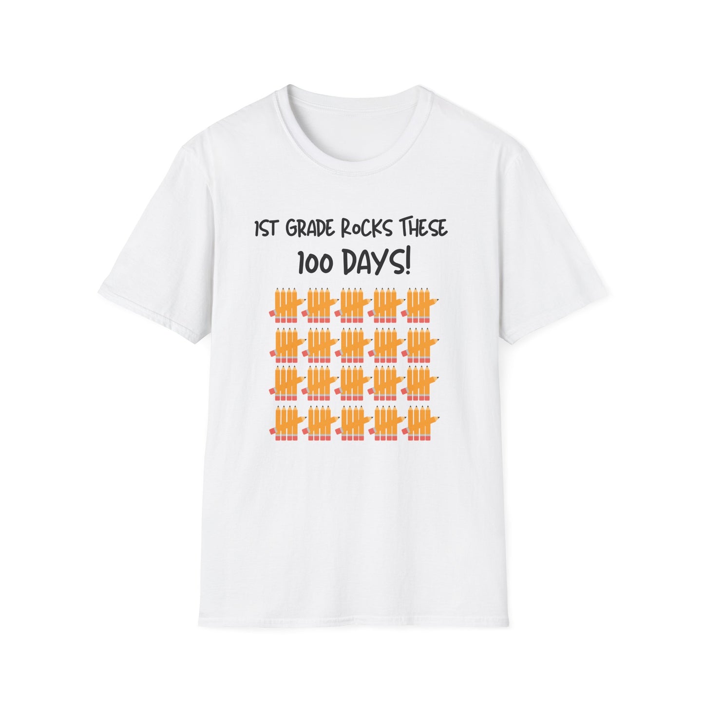 1st Grade Rocks 100 Days Unisex Softstyle T-Shirt, Personalizable, Pencil Tally Marks, School Shirt for Kids, Teacher Gift, Classroom