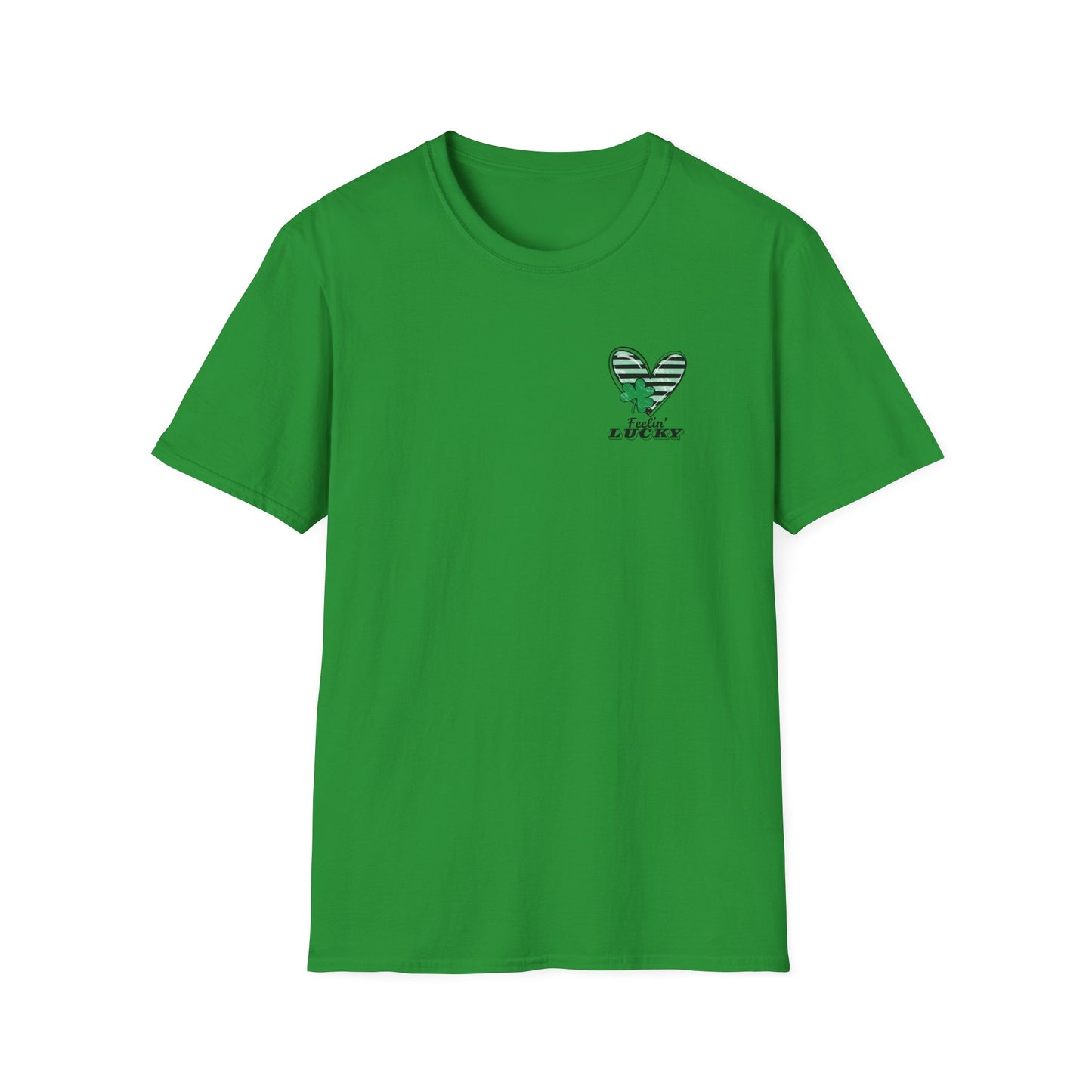 Feeling Lucky Unisex Softstyle T-Shirt, St. Patrick's Day Tee, Green Heart Shirt, Lucky Charm Clothing, Casual Tee for Everyone