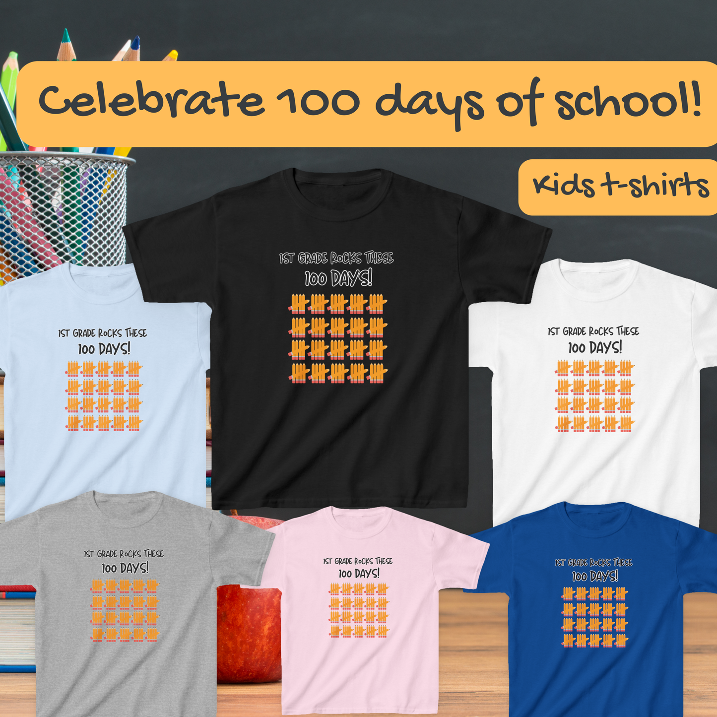 Kids Tee, 1st Grade Rocks 100 Days, Personalizable, Pencil Tally Marks, Back to School Shirt, School Tee, Children's Clothing