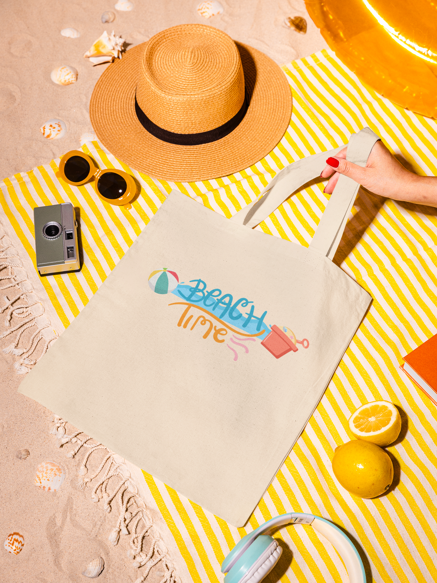 Beach Time Cotton Canvas Tote Bag, Summer Bag, Eco-Friendly Tote, Beach Essentials, Gift for Her, Reusable Shopping Bag