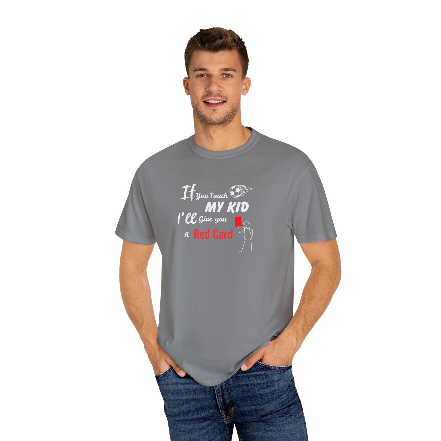 Funny Soccer Mom/Dad Unisex Garment-Dyed T-shirt, Customizable Number and Name, Red Card Design, Gift for Sports Parents, Soccer Fan Tee,