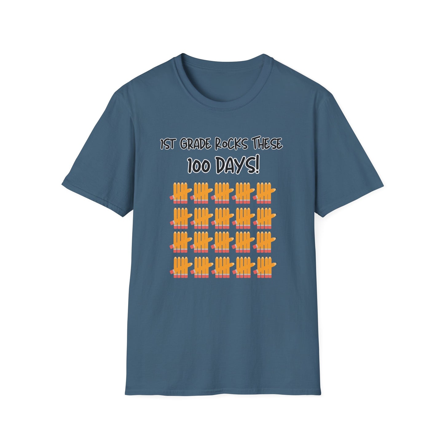 1st Grade Rocks 100 Days Unisex Softstyle T-Shirt, Personalizable, Pencil Tally Marks, School Shirt for Kids, Teacher Gift, Classroom