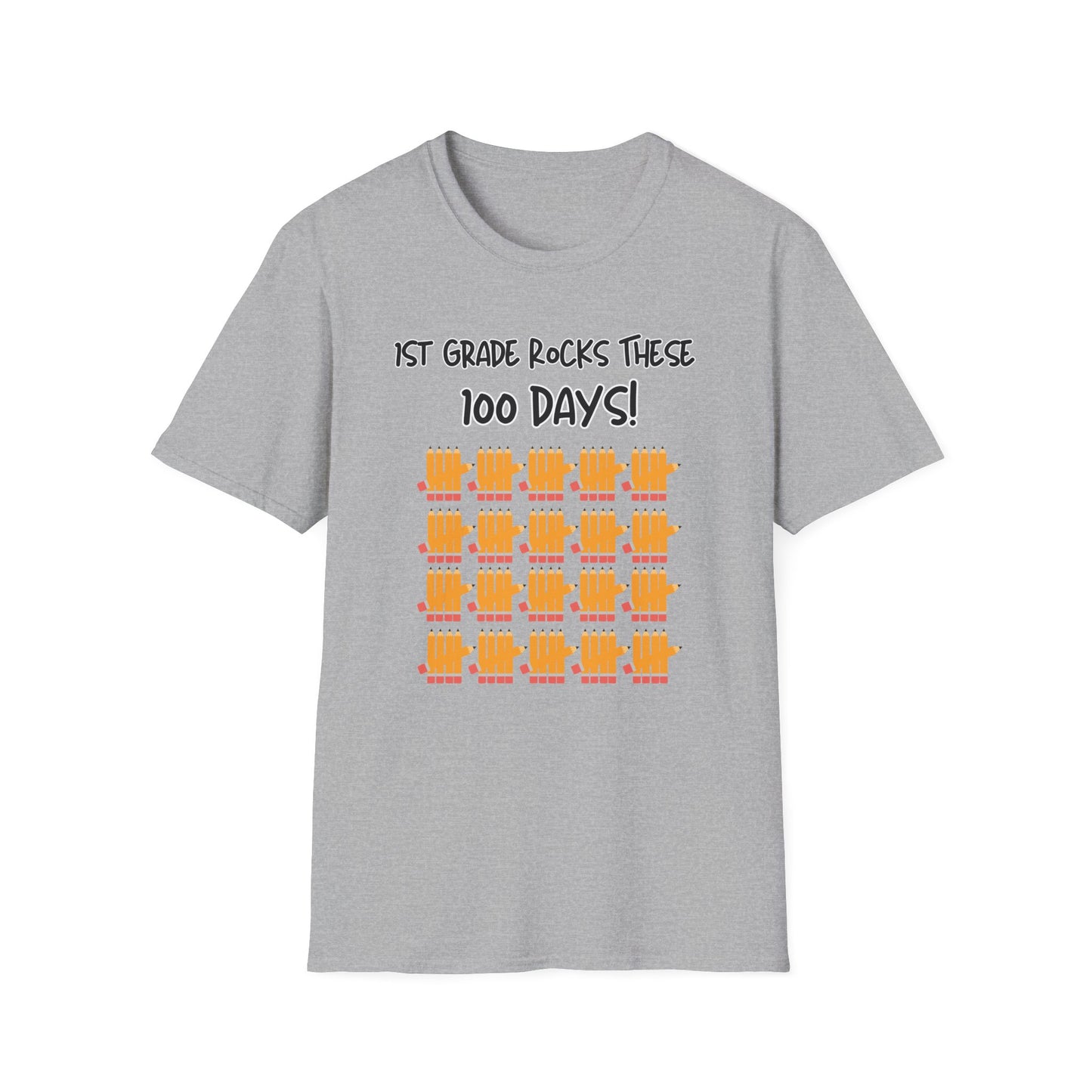 1st Grade Rocks 100 Days Unisex Softstyle T-Shirt, Personalizable, Pencil Tally Marks, School Shirt for Kids, Teacher Gift, Classroom