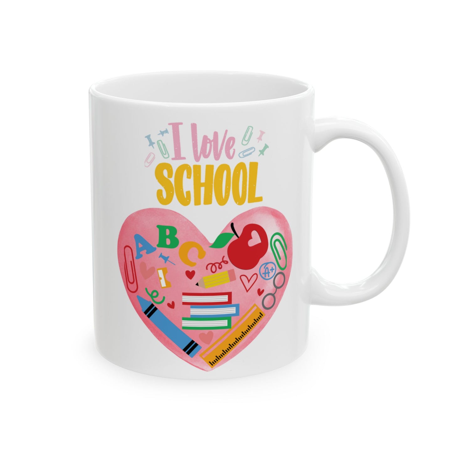 Colorful Personalized 'I Love School' Ceramic Mug, Back to School Gift, Teacher Appreciation, School Supplies Heart Mug, 11oz 15oz