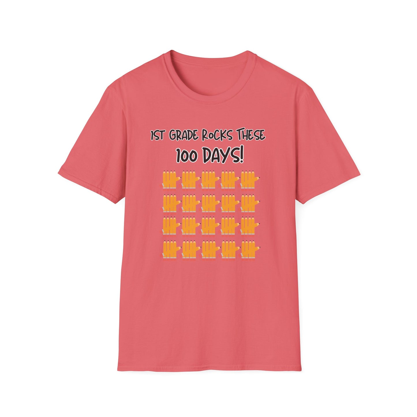 1st Grade Rocks 100 Days Unisex Softstyle T-Shirt, Personalizable, Pencil Tally Marks, School Shirt for Kids, Teacher Gift, Classroom