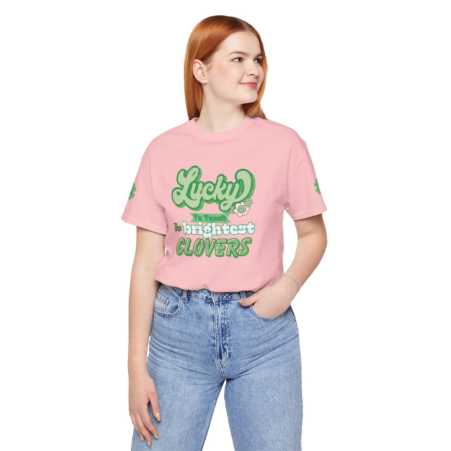 St. Patrick's Day Shirt, Clover Sleeve Unisex Tee, Lucky Teacher Gift, Green Clover Top, Cute Tee, Short Sleeve, Teacher Appreciation Gift