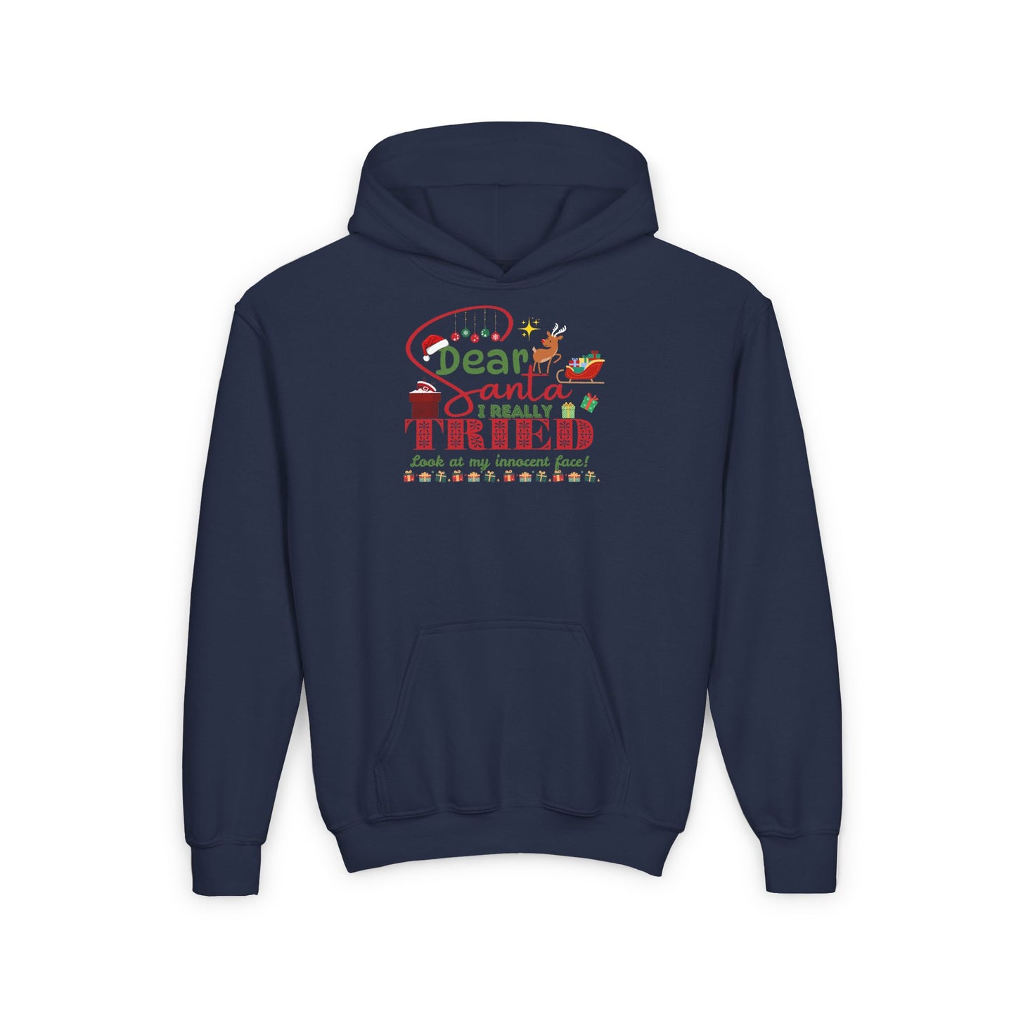 Christmas Youth Heavy Blend Hooded Sweatshirt, Funny Holiday Gift, Santa Claus Quote, Innocent Face, Xmas Jumper, Cozy Winter Pullover