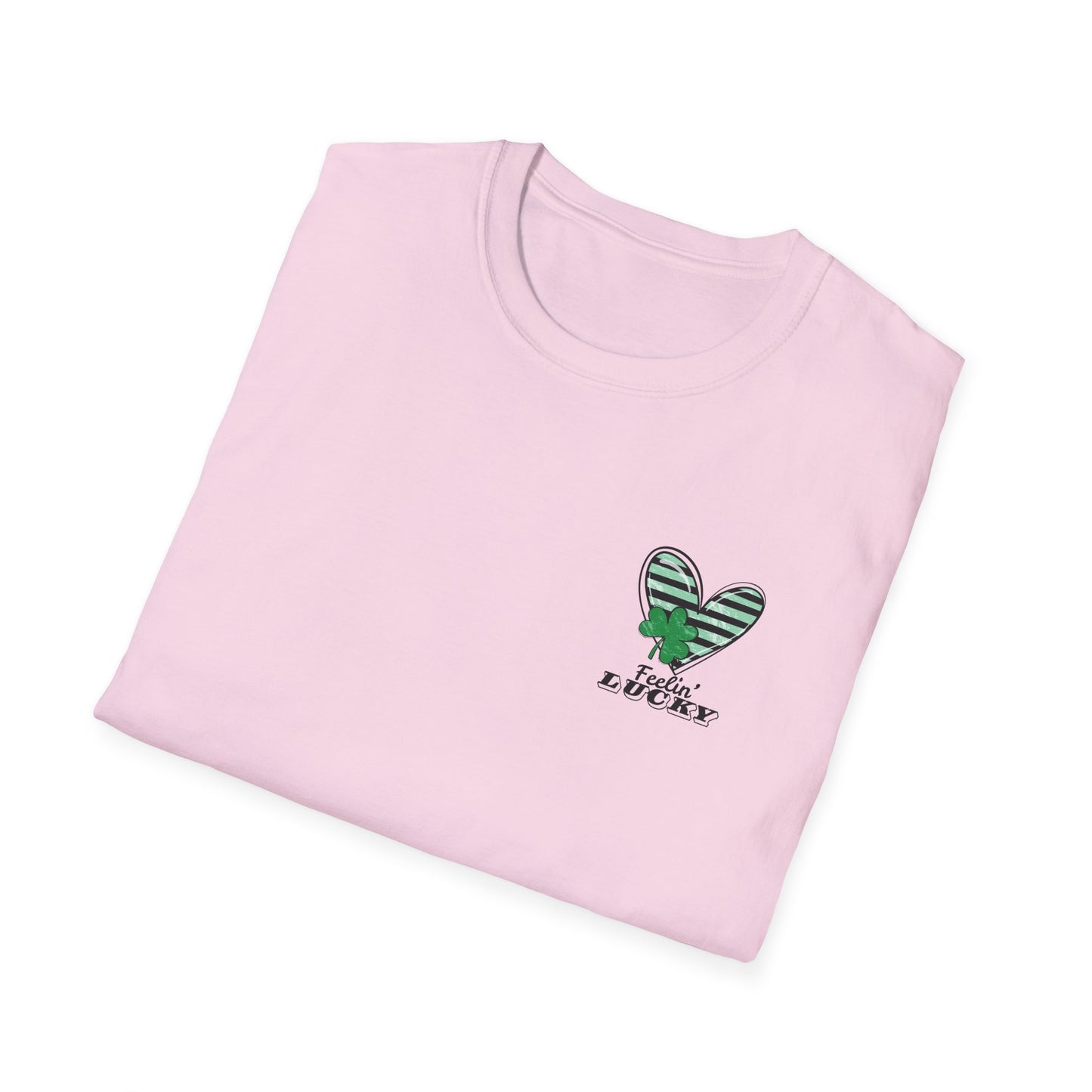 Feeling Lucky Unisex Softstyle T-Shirt, St. Patrick's Day Tee, Green Heart Shirt, Lucky Charm Clothing, Casual Tee for Everyone