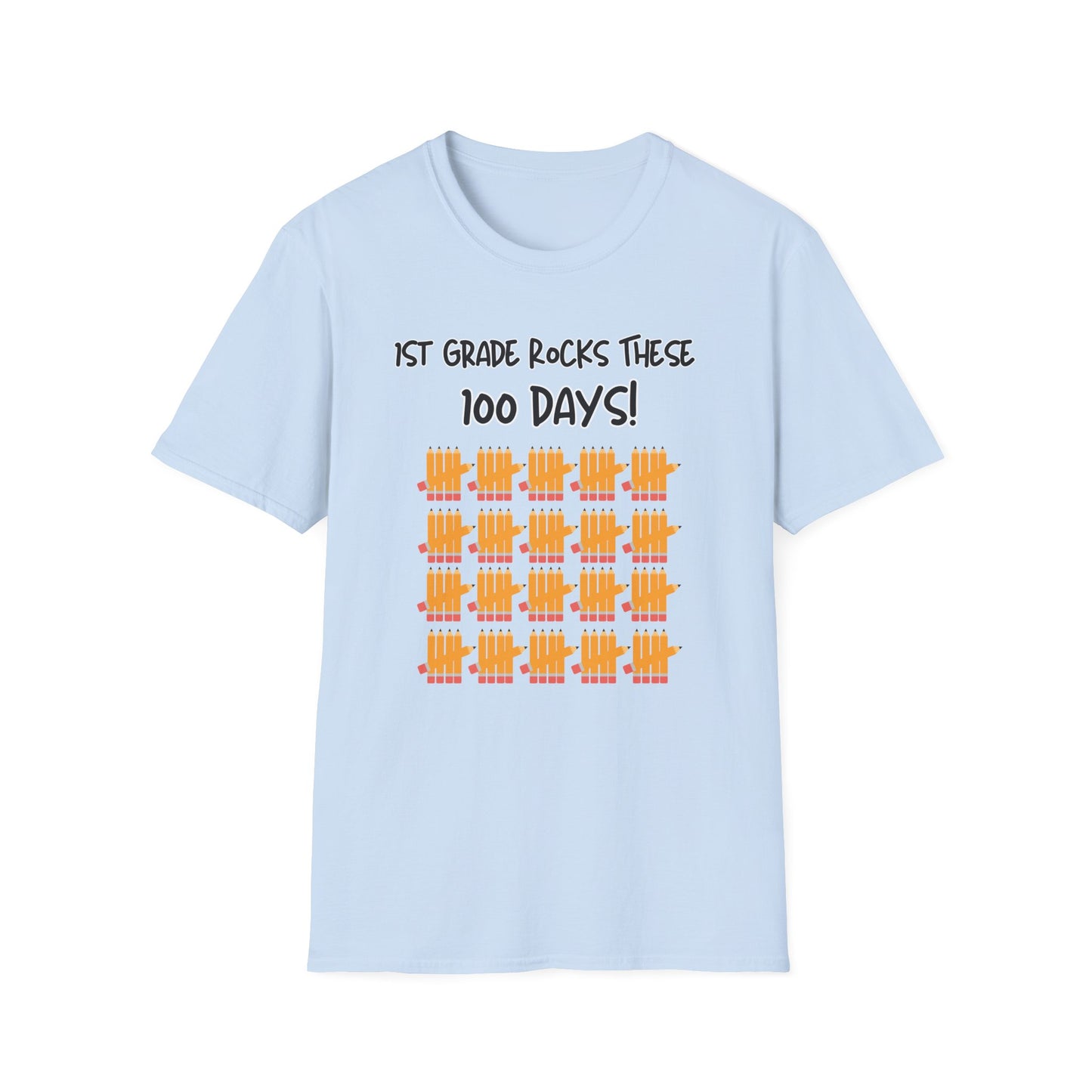 1st Grade Rocks 100 Days Unisex Softstyle T-Shirt, Personalizable, Pencil Tally Marks, School Shirt for Kids, Teacher Gift, Classroom