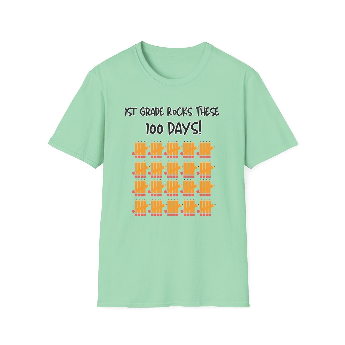 1st Grade Rocks 100 Days Unisex Softstyle T-Shirt, Personalizable, Pencil Tally Marks, School Shirt for Kids, Teacher Gift, Classroom