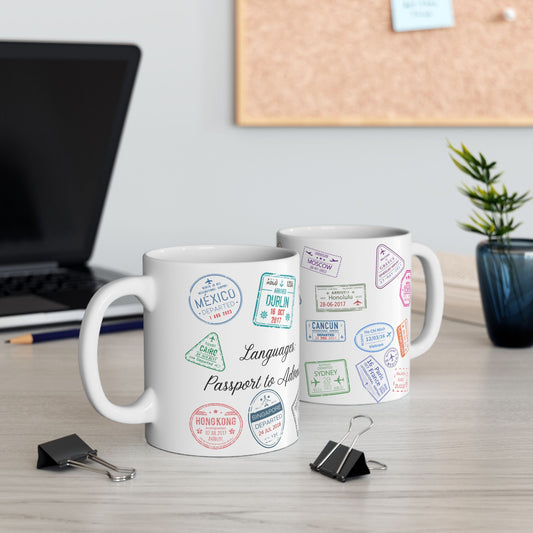 Travel Adventure Passport Stamps Ceramic Mug, Wanderlust Coffee Cup, Language Theme Wanderer Gift, Wanderluster Tea Mug, Travel Lover
