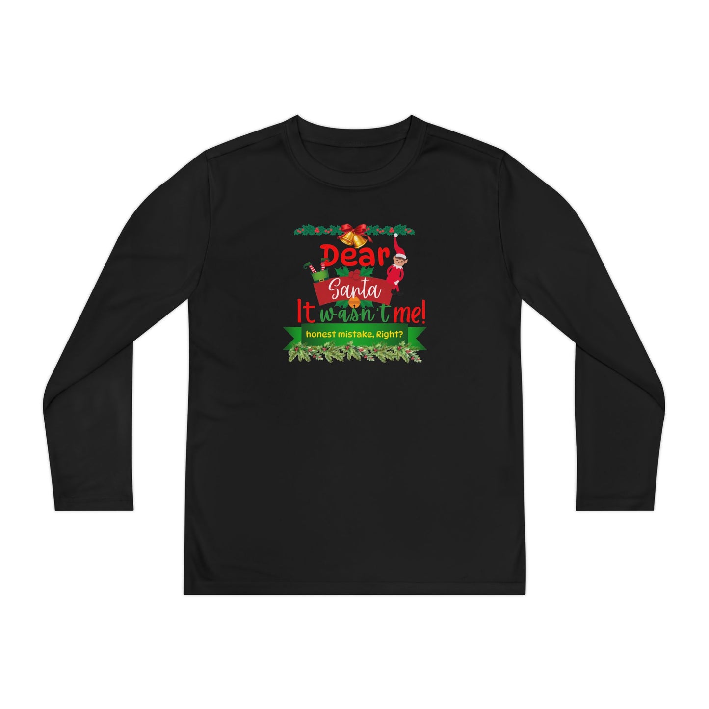Christmas Youth Long Sleeve Competitor Tee, Dear Santa It Wasn't Me Funny Holiday Shirt, Kids Xmas Gift, Children's Winter Top, Long Sleeve