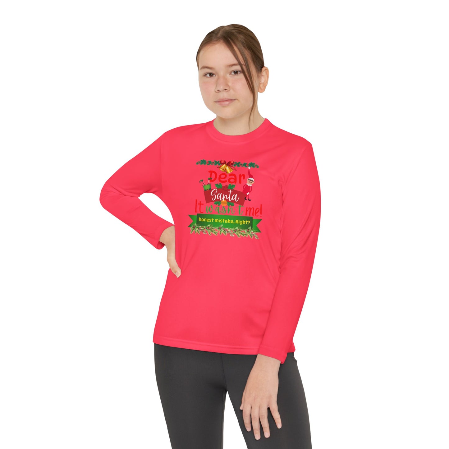 Christmas Youth Long Sleeve Competitor Tee, Dear Santa It Wasn't Me Funny Holiday Shirt, Kids Xmas Gift, Children's Winter Top, Long Sleeve