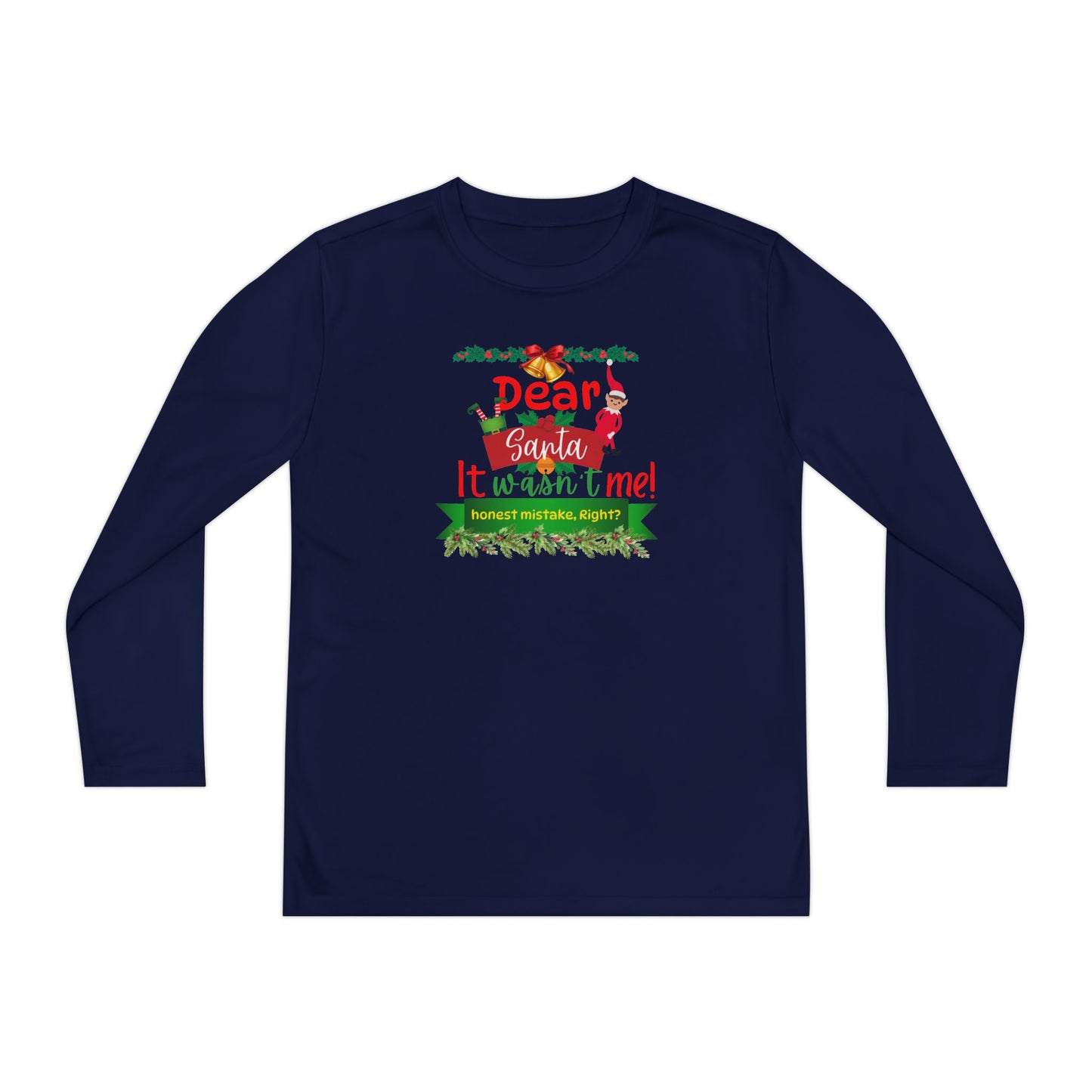 Christmas Youth Long Sleeve Competitor Tee, Dear Santa It Wasn't Me Funny Holiday Shirt, Kids Xmas Gift, Children's Winter Top, Long Sleeve
