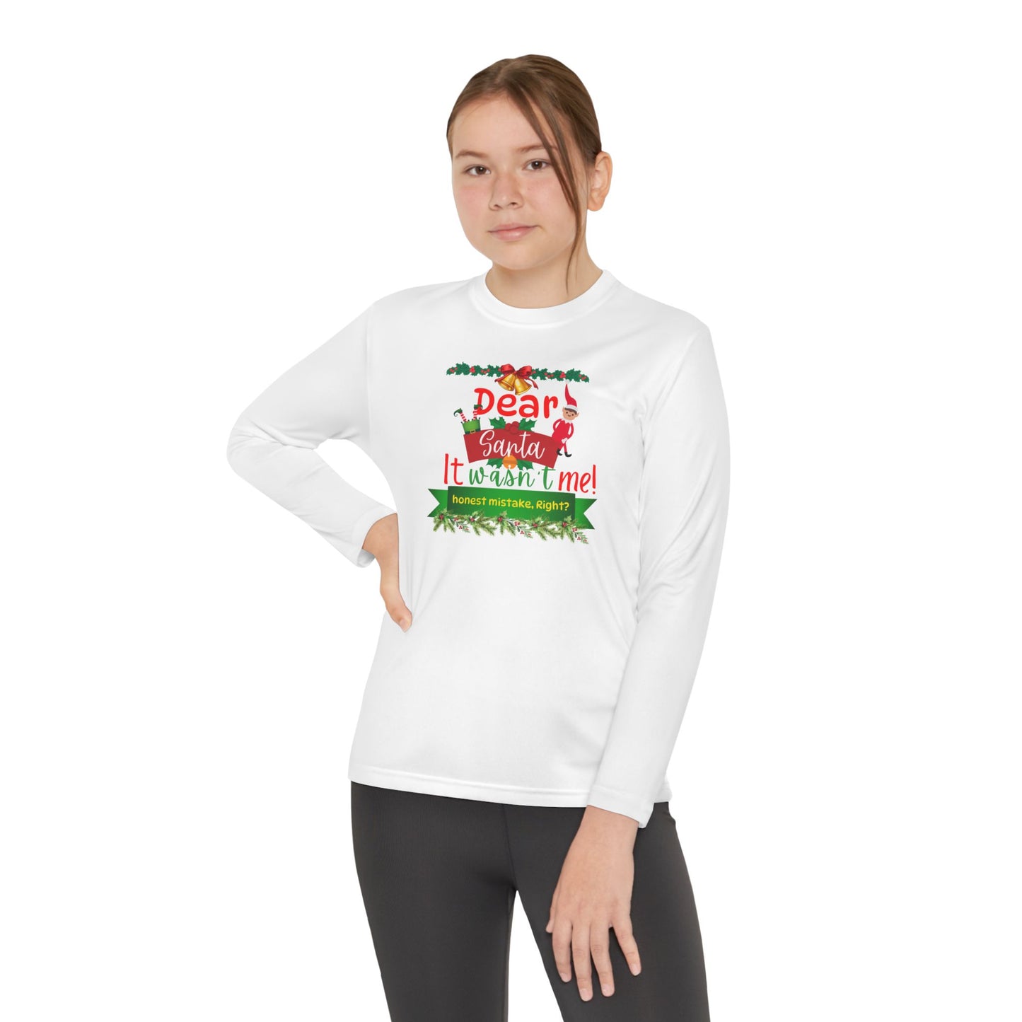 Christmas Youth Long Sleeve Competitor Tee, Dear Santa It Wasn't Me Funny Holiday Shirt, Kids Xmas Gift, Children's Winter Top, Long Sleeve