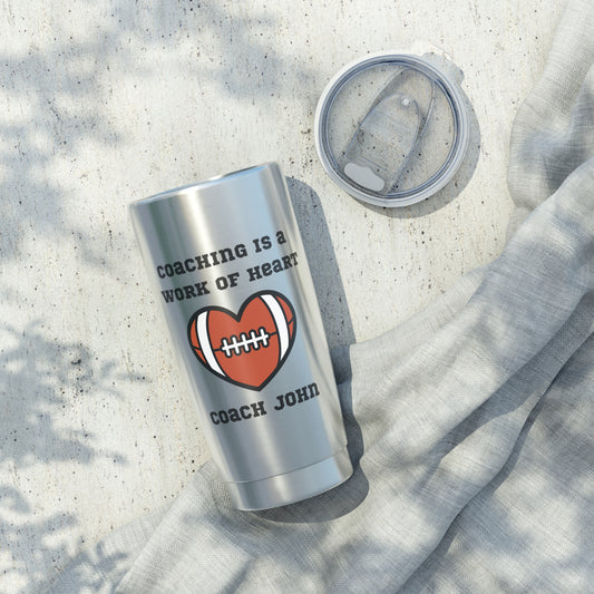 Tumbler, Coaching is a Work of Heart, Football Coach Gift, Personalized, Heart-shaped Design, Travel Cup, Coffee Mug