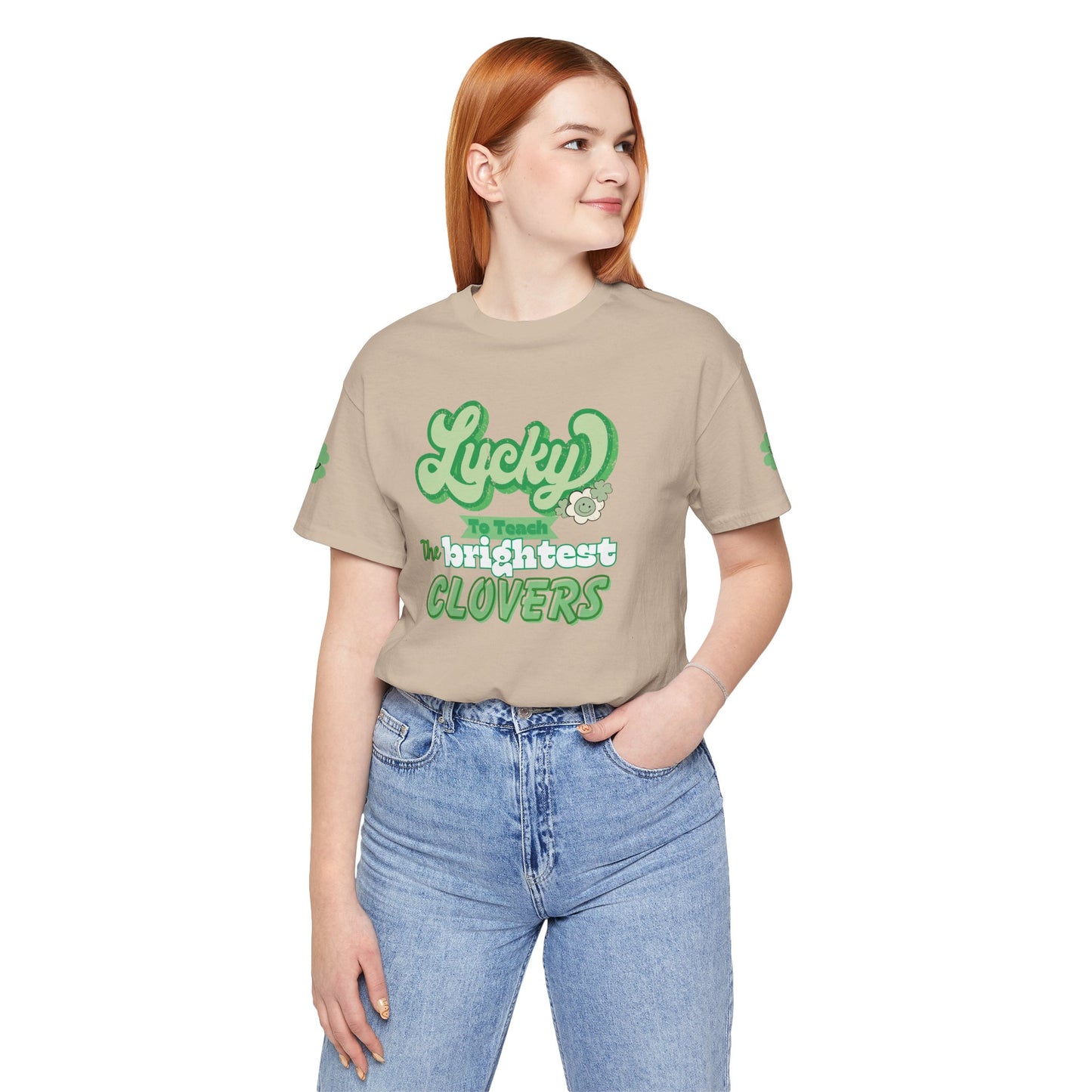 St. Patrick's Day Shirt, Clover Sleeve Unisex Tee, Lucky Teacher Gift, Green Clover Top, Cute Tee, Short Sleeve, Teacher Appreciation Gift