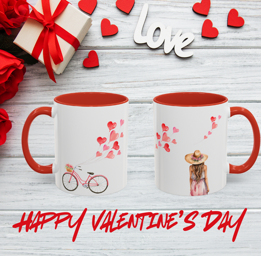 Watercolor Mug Valentine's Day Bicycle Heart Balloons