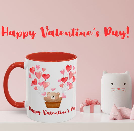 Cute Valentine's Day Mug, Bear in Hot Air Balloon, Hearts Design, Gift for Loved Ones, Ceramic Coffee Cup, Valentine's Day Gift, Love Mug,