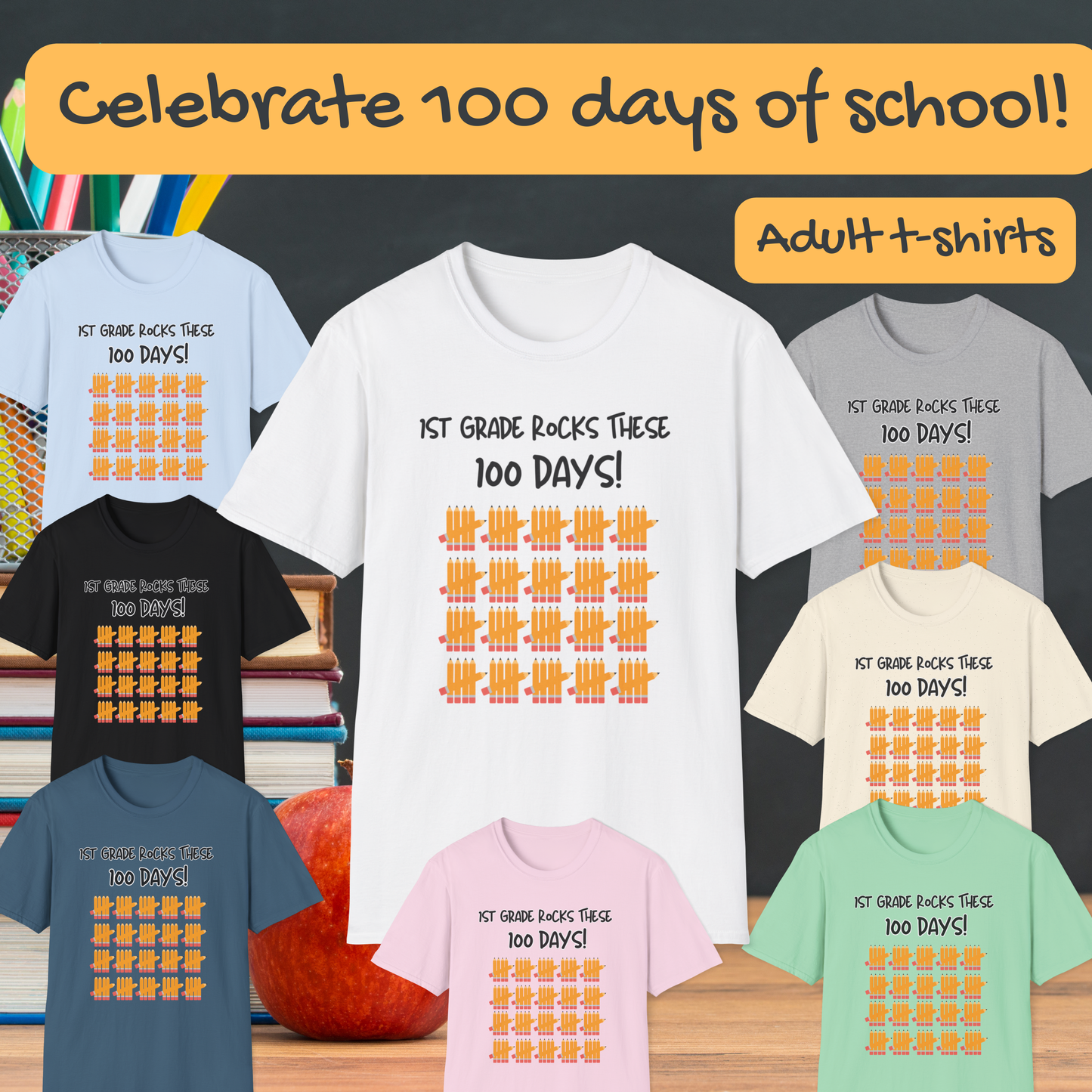 1st Grade Rocks 100 Days Unisex Softstyle T-Shirt, Personalizable, Pencil Tally Marks, School Shirt for Kids, Teacher Gift, Classroom