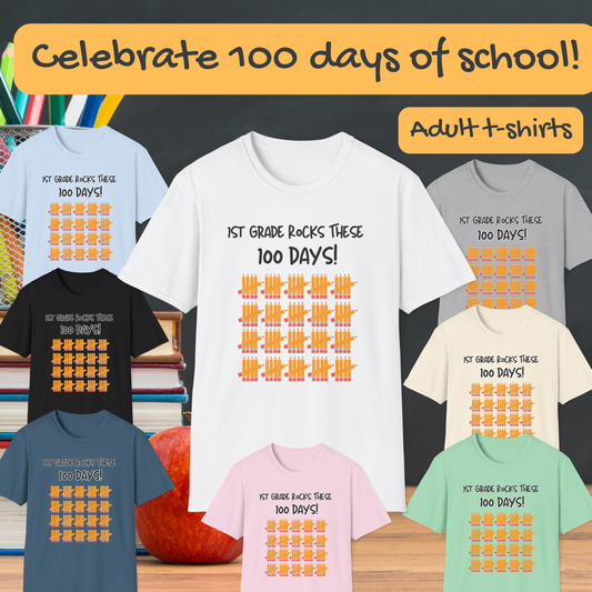 1st Grade Rocks 100 Days Unisex Softstyle T-Shirt, Personalizable, Pencil Tally Marks, School Shirt for Kids, Teacher Gift, Classroom