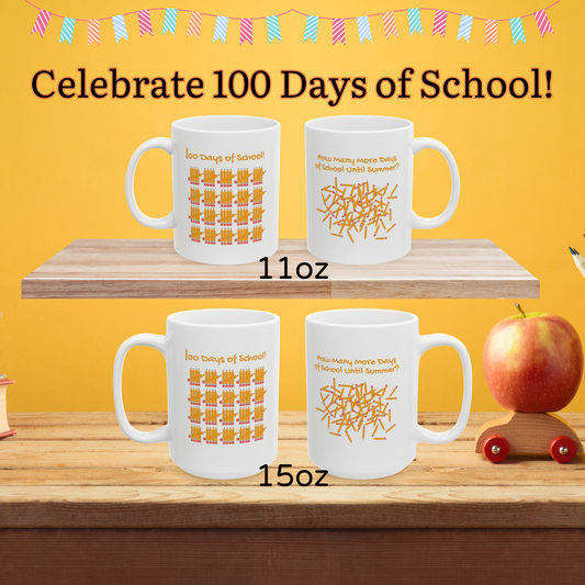 Teacher Gift Ceramic Mug, 100 Days of School Pencils Tally Marks, Countdown to Summer, Funny School Teacher Mug, School Year End Gift,