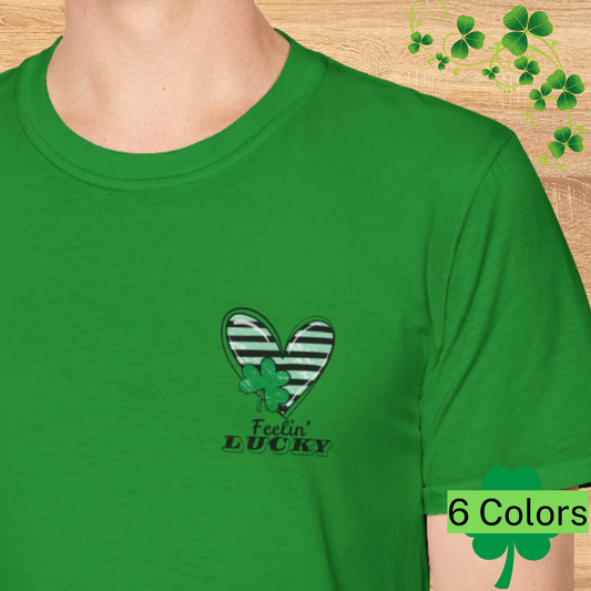 Feeling Lucky Unisex Softstyle T-Shirt, St. Patrick's Day Tee, Green Heart Shirt, Lucky Charm Clothing, Casual Tee for Everyone