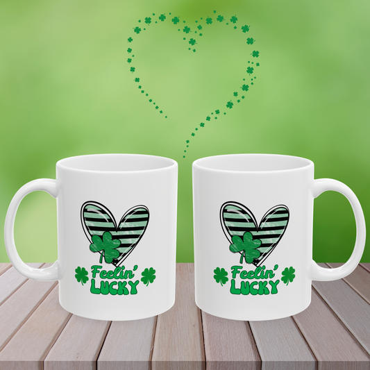 Ceramic Mug, Feeling Lucky, St. Patrick's Day Coffee Cup, Green Heart Mug, Shamrock Tea Mug, Irish Luck Gift, Lucky Charm Drinkware