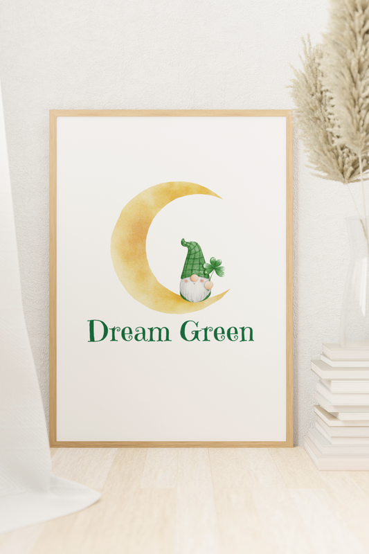 Colorful Watercolor Poster with Gnome Design - Home Decor, Wall Art, Gift for St. Patrick's Day, Nursery, Cozy Vibes, Dream Green