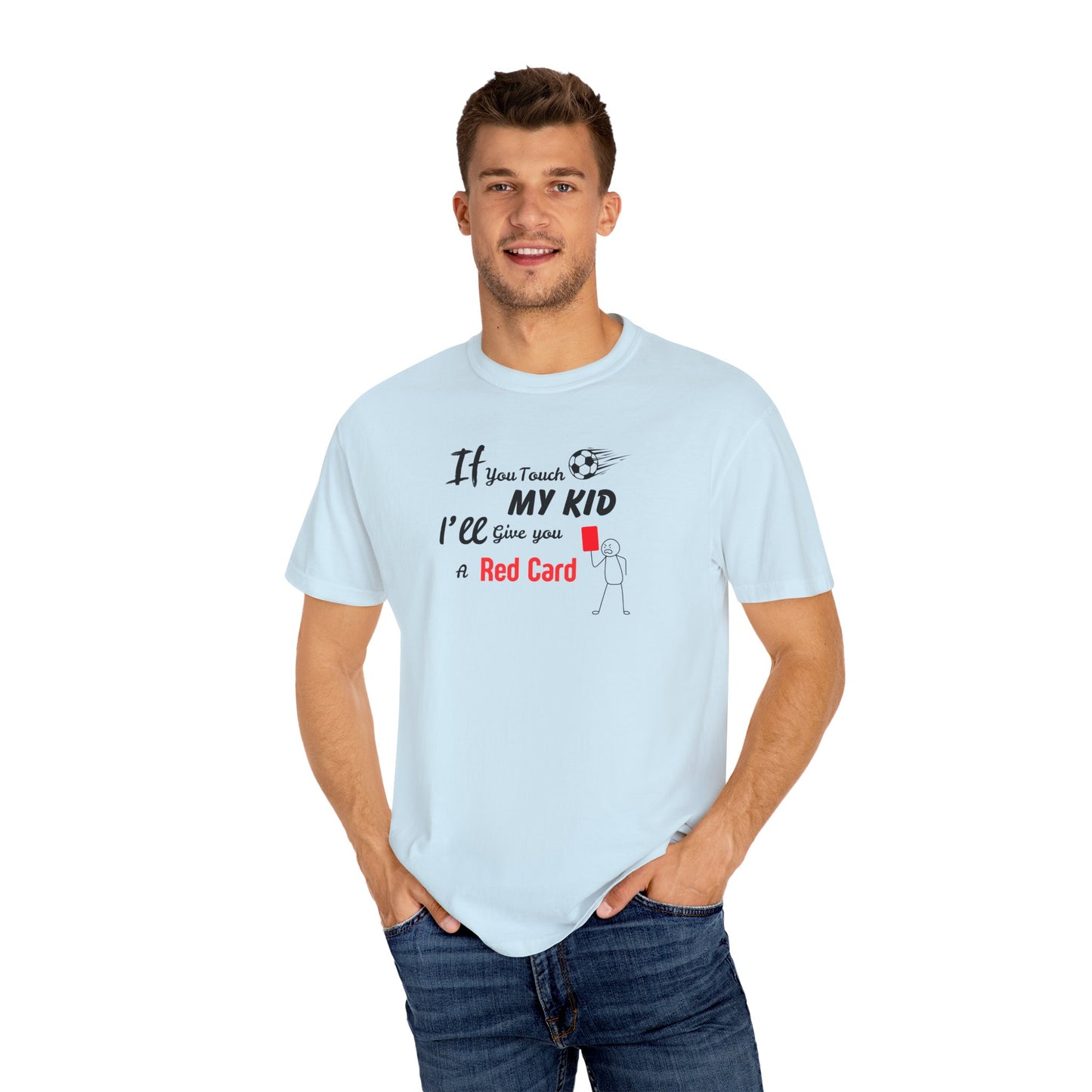 Funny Soccer Mom/Dad Unisex Garment-Dyed T-shirt, Customizable Number and Name, Red Card Design, Gift for Sports Parents, Soccer Fan Tee,
