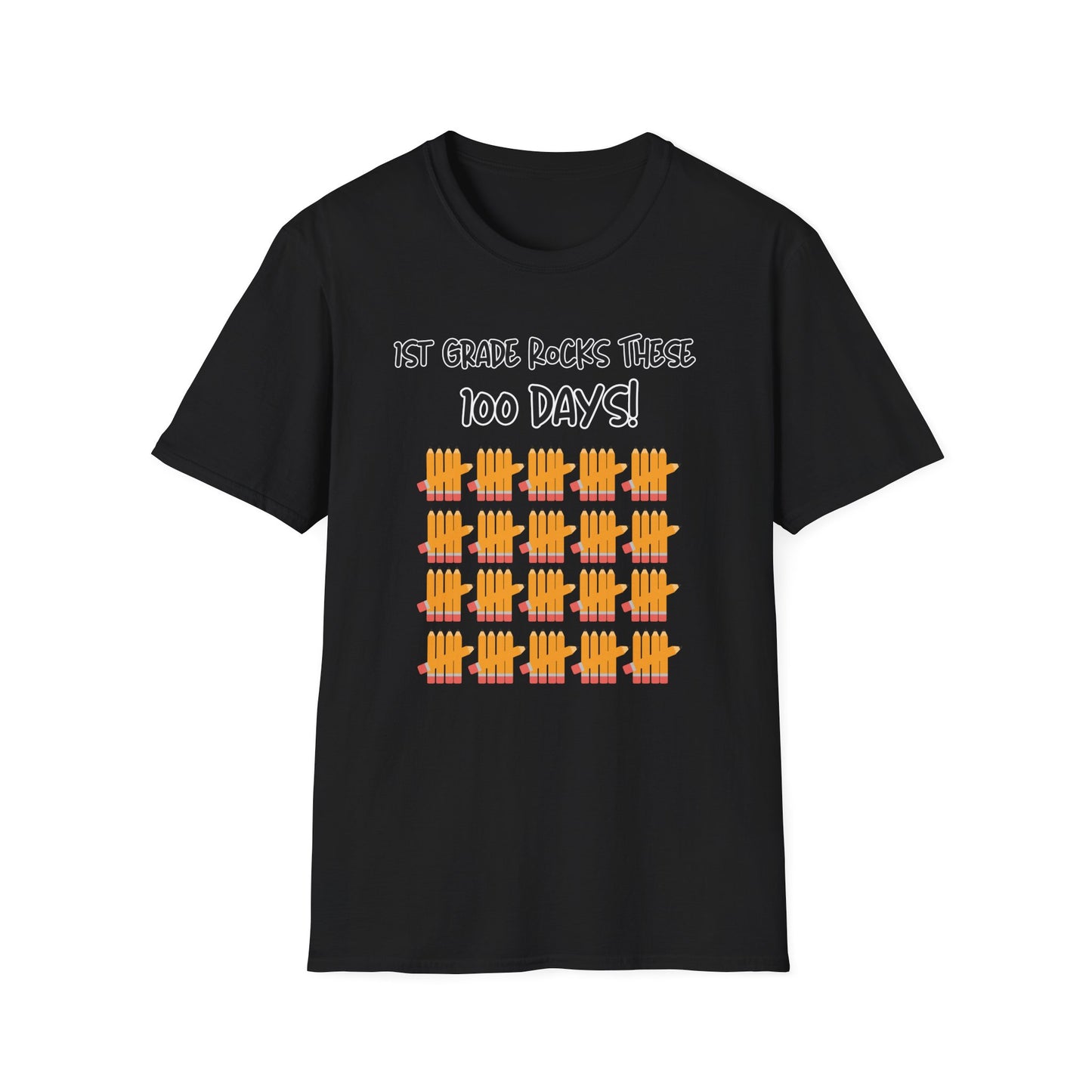 1st Grade Rocks 100 Days Unisex Softstyle T-Shirt, Personalizable, Pencil Tally Marks, School Shirt for Kids, Teacher Gift, Classroom