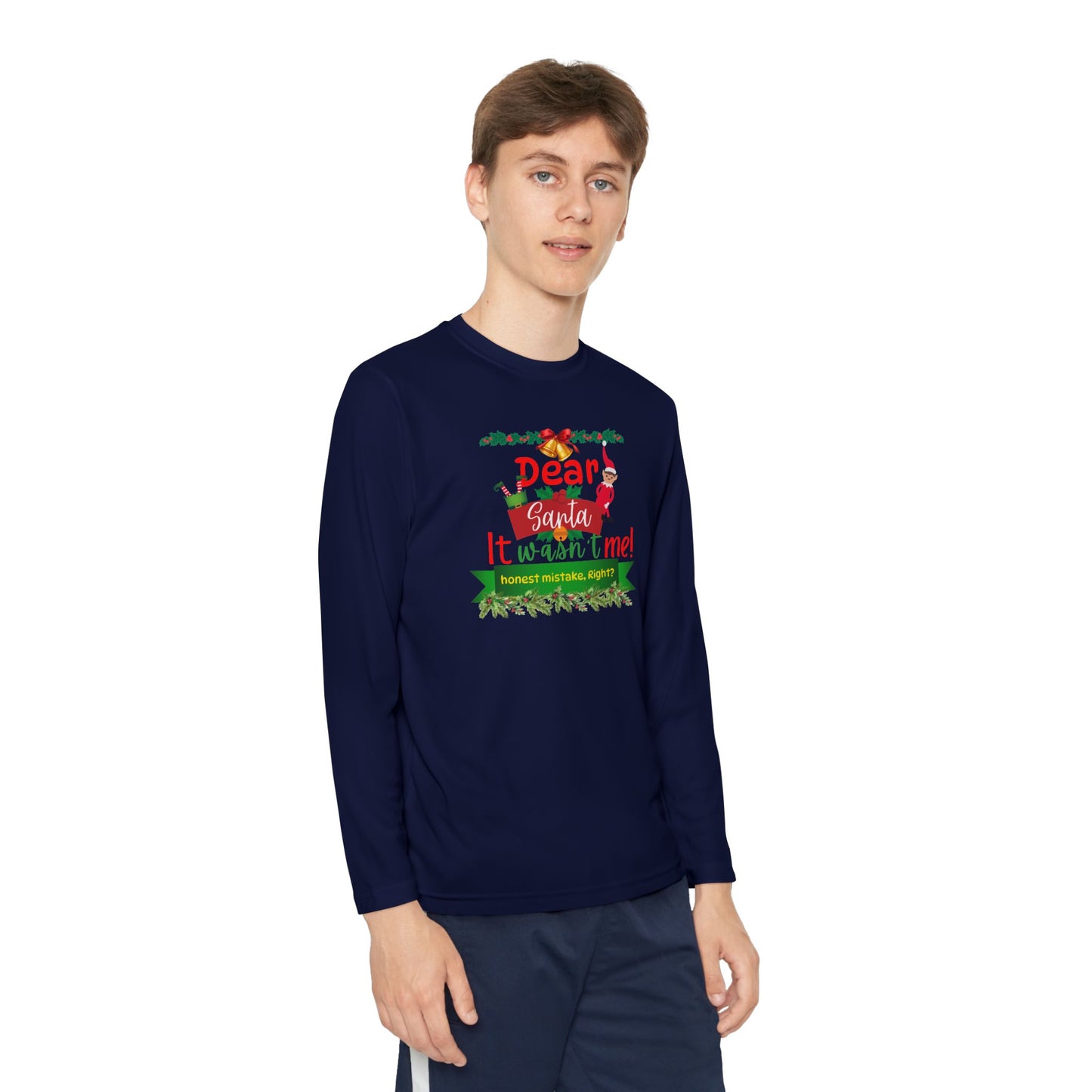 Christmas Youth Long Sleeve Competitor Tee, Dear Santa It Wasn't Me Funny Holiday Shirt, Kids Xmas Gift, Children's Winter Top, Long Sleeve