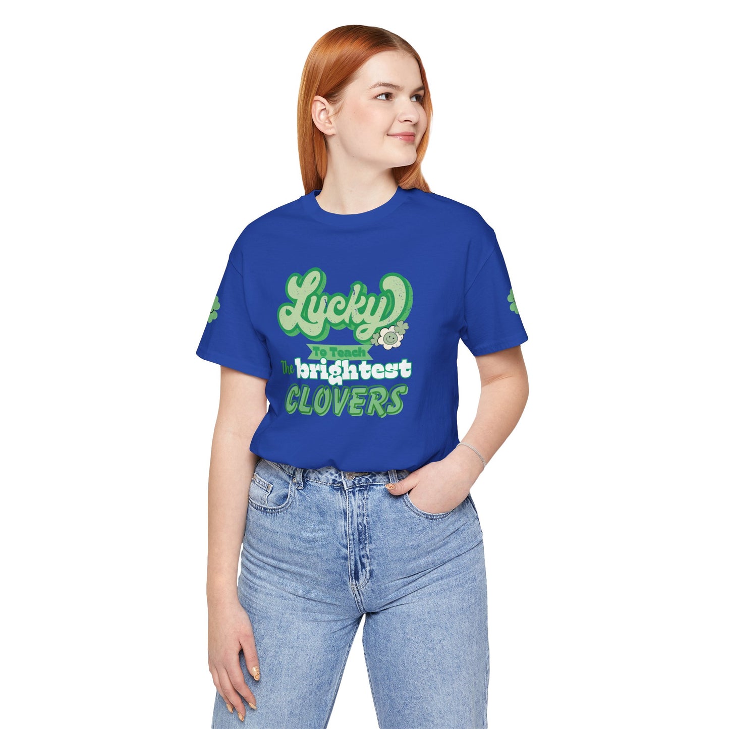 St. Patrick's Day Shirt, Clover Sleeve Unisex Tee, Lucky Teacher Gift, Green Clover Top, Cute Tee, Short Sleeve, Teacher Appreciation Gift