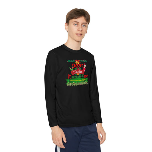 Christmas Youth Long Sleeve Competitor Tee, Dear Santa It Wasn't Me Funny Holiday Shirt, Kids Xmas Gift, Children's Winter Top, Long Sleeve