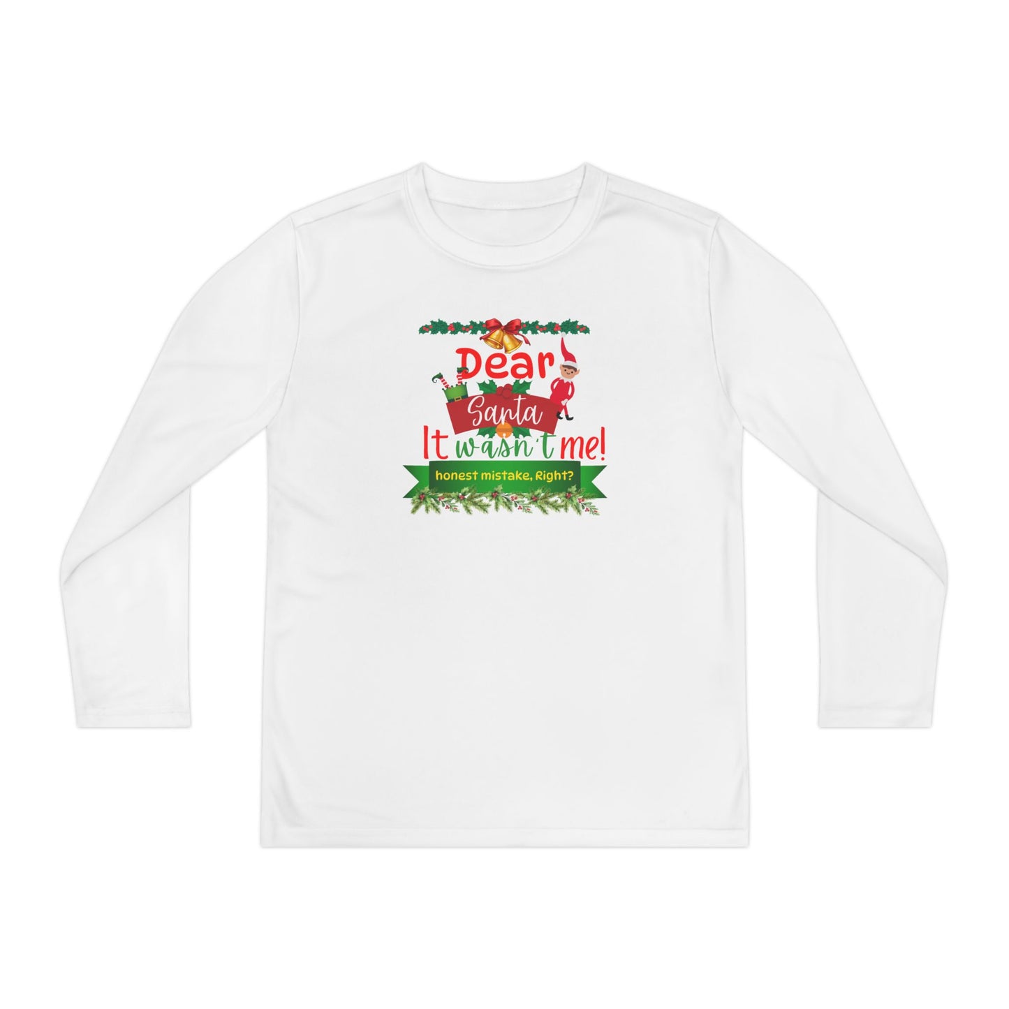 Christmas Youth Long Sleeve Competitor Tee, Dear Santa It Wasn't Me Funny Holiday Shirt, Kids Xmas Gift, Children's Winter Top, Long Sleeve