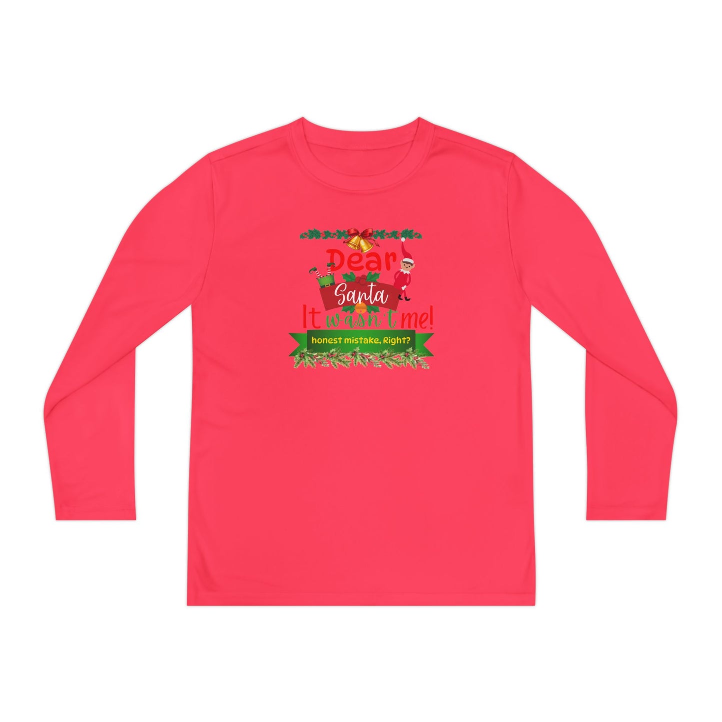 Christmas Youth Long Sleeve Competitor Tee, Dear Santa It Wasn't Me Funny Holiday Shirt, Kids Xmas Gift, Children's Winter Top, Long Sleeve